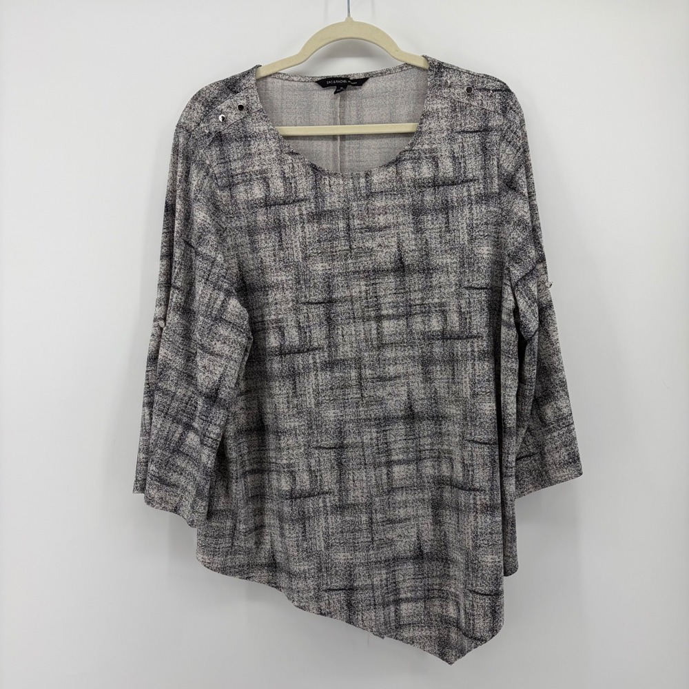 Zac & Rachel  1X Black‎ White Grid Blouse Asymmetrical Grommet Split 3/4 Sleeve